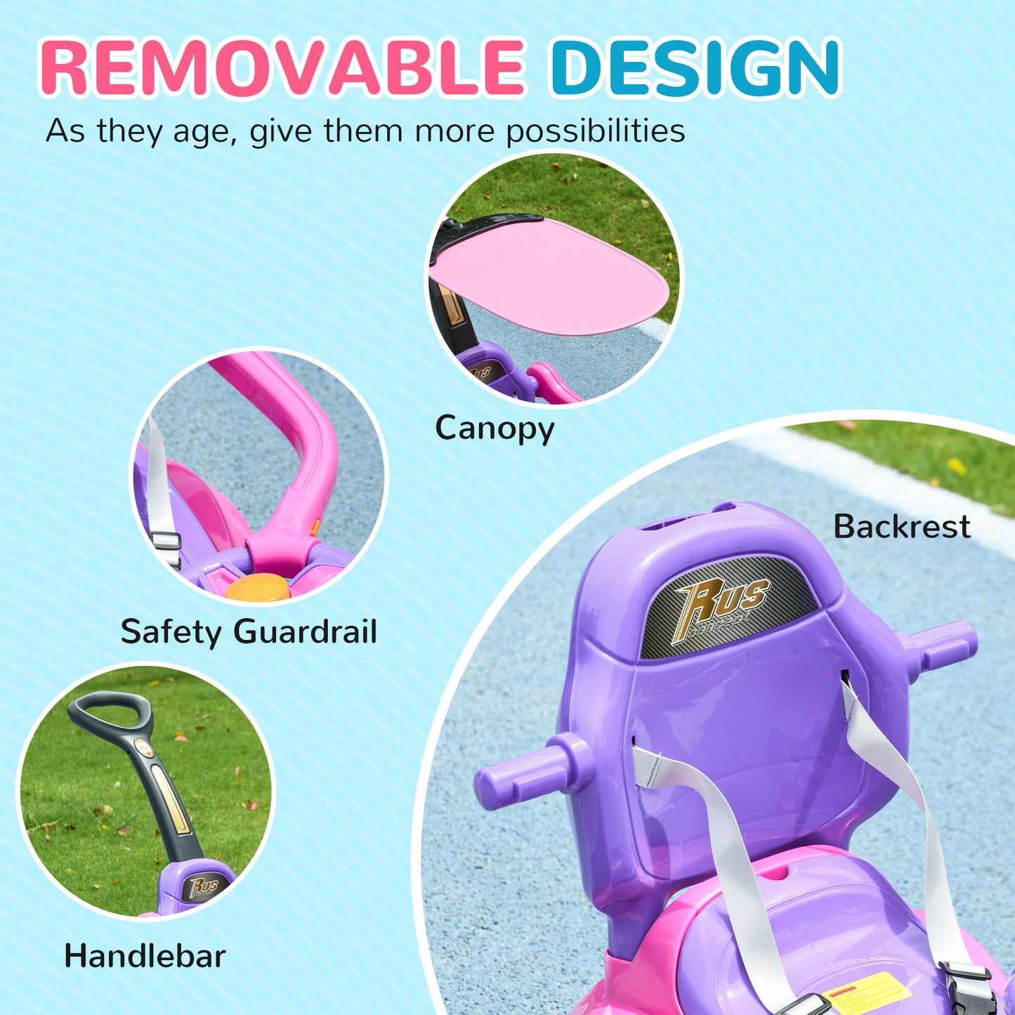 Qaba Push Car for Kids 1-3 Years, 3 in 1 Ride on Sliding Car, Foot to Floor Baby Push Car with Removable Handle, Music, Horn, Canopy, Safety Guardrail for Boys and Girls, Pink