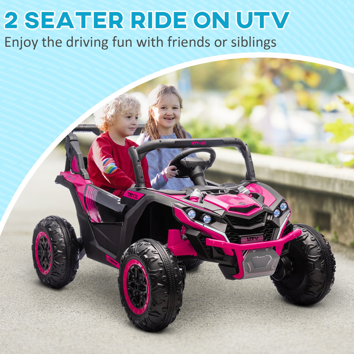 Qaba 24V 7AH Ride on UTV, 2 Seater 4MPH Kids Electric Car Ride on Battery Powered Toy with 4 Shock Absorbers, Music Horn and LED Lights, for Toddlers 3-8 Years, Pink