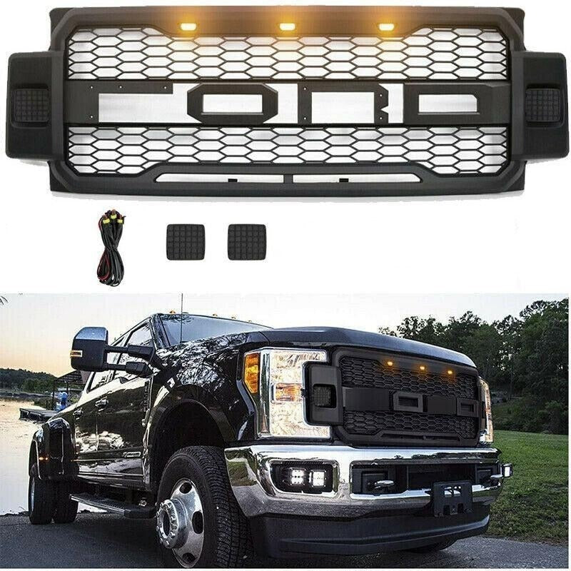 Front Grille For 2017 2018 2019 Ford f250 f350 Super Duty Raptor Grill W/LED Lights & Letters Matte Black