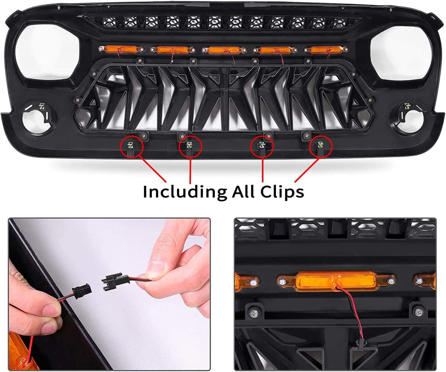 Front Matte Black Shark Grille Replacement Grill For Wrangler JK 2007-2018 with LED Lights