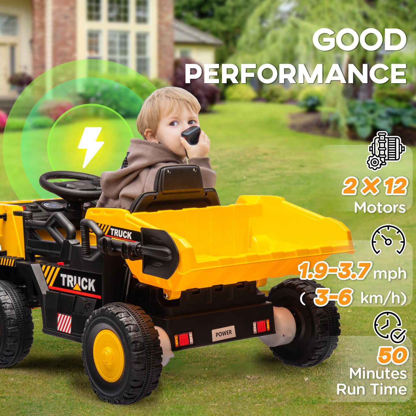 Qaba Kids Ride on Dump Truck, 12V Ride on Car with Electric Dump Bed and Extra Shovel, Spring Suspension Wheels, Music Player, LED Headlights for Boys & Girls Ages 3-5 Years