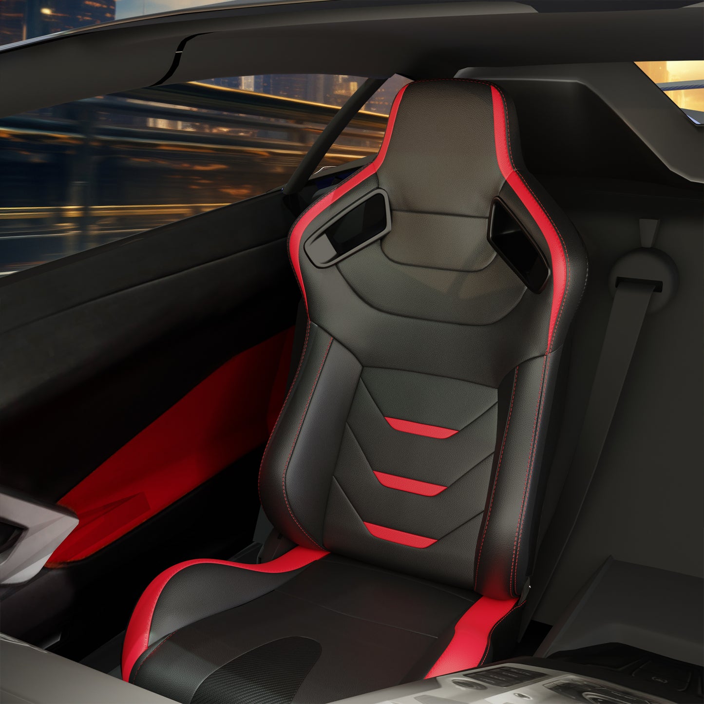 2PC Universal Bucket Racing Seats Red Stitch Red PVC Leather Reclinable Carbon Look Leather Back With Adjustor Slider(Not Including Seat Bracket ) 1 box of 2 pieces