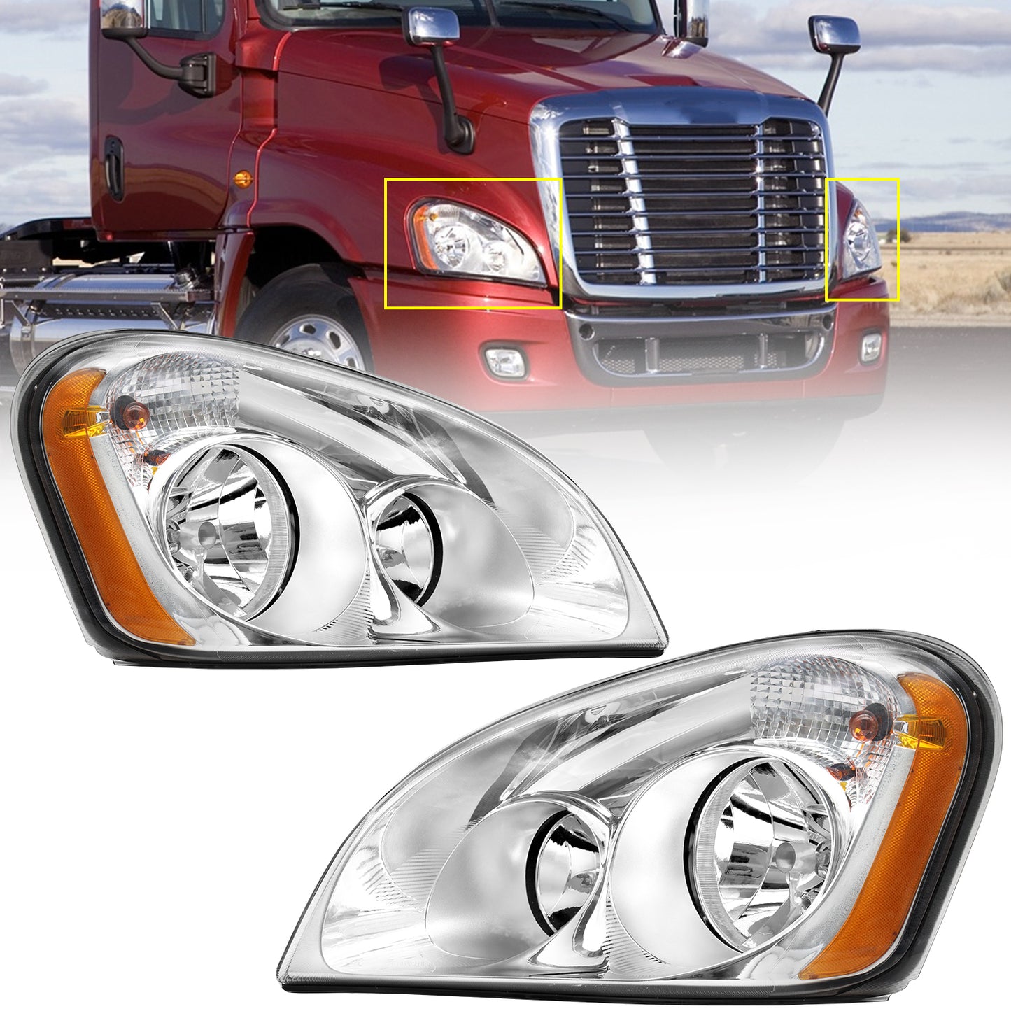 Headlights Assembly Fit For 2008-2017 Freightliner Cascadia, Chrome Housing And Amber Reflector Headlamps, Left Driver and Right Passenger Pair Set, Including Halogen bulbs