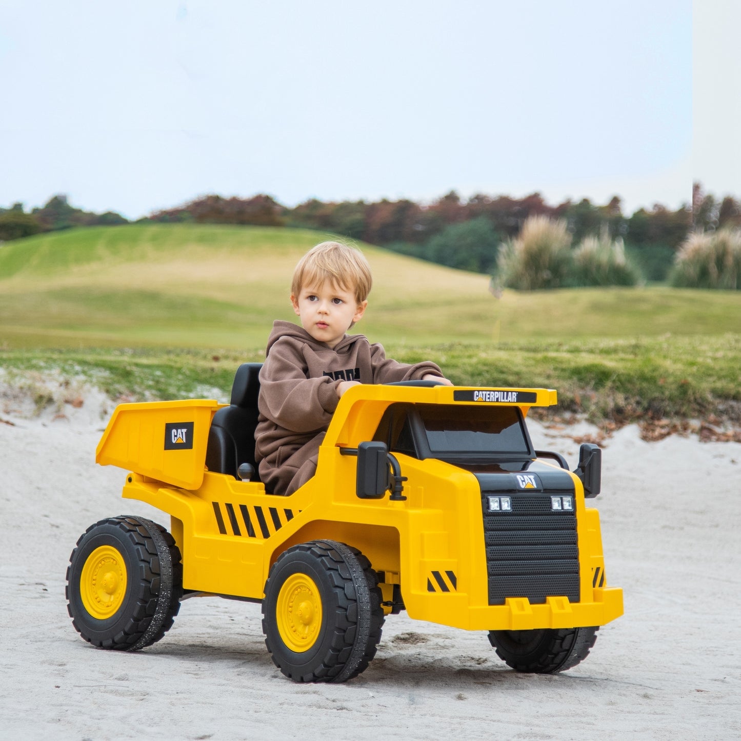 Qaba 12V Ride on Dump Truck with Parental Remote, Caterpillar Licensed Kids Excavator with Bucket, Shovel, Music, Loudspeaker, Headlights, Ride on Construction Vehicles for Ages 3-6, Yellow