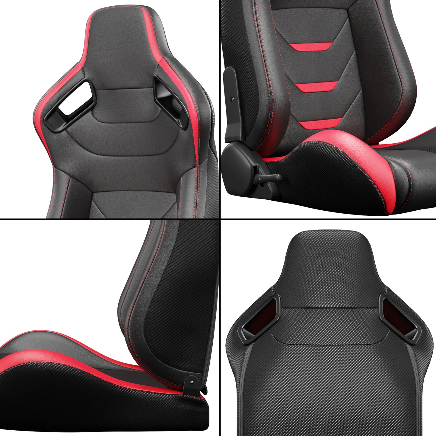 2PC Universal Bucket Racing Seats Red Stitch Red PVC Leather Reclinable Carbon Look Leather Back With Adjustor Slider(Not Including Seat Bracket ) 1 box of 2 pieces