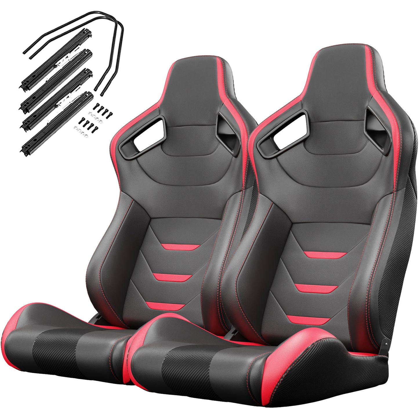 2PC Universal Bucket Racing Seats Red Stitch Red PVC Leather Reclinable Carbon Look Leather Back With Adjustor Slider(Not Including Seat Bracket ) 1 box of 2 pieces