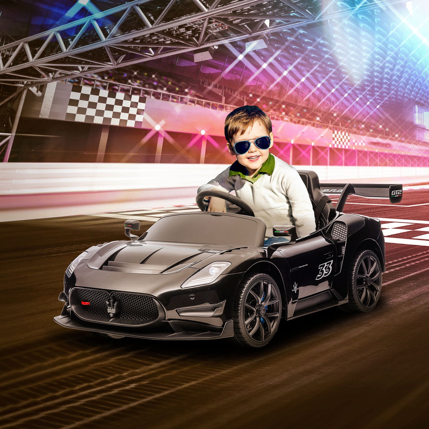 Qaba Maserati GT2 Licensed Ride On Car, 12V Battery Powered Electric Car for Kids with Shock-Absorbers, Auxiliary Wheels, 3MPH Racing Car with Remote, Horn Music LED Lights, Black