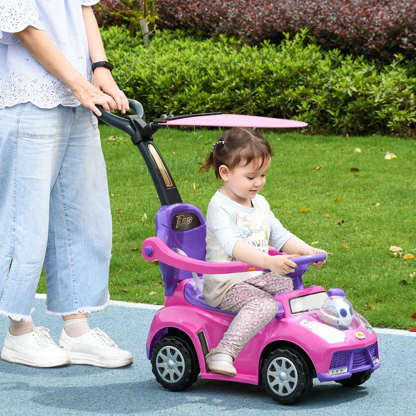 Qaba Push Car for Kids 1-3 Years, 3 in 1 Ride on Sliding Car, Foot to Floor Baby Push Car with Removable Handle, Music, Horn, Canopy, Safety Guardrail for Boys and Girls, Pink