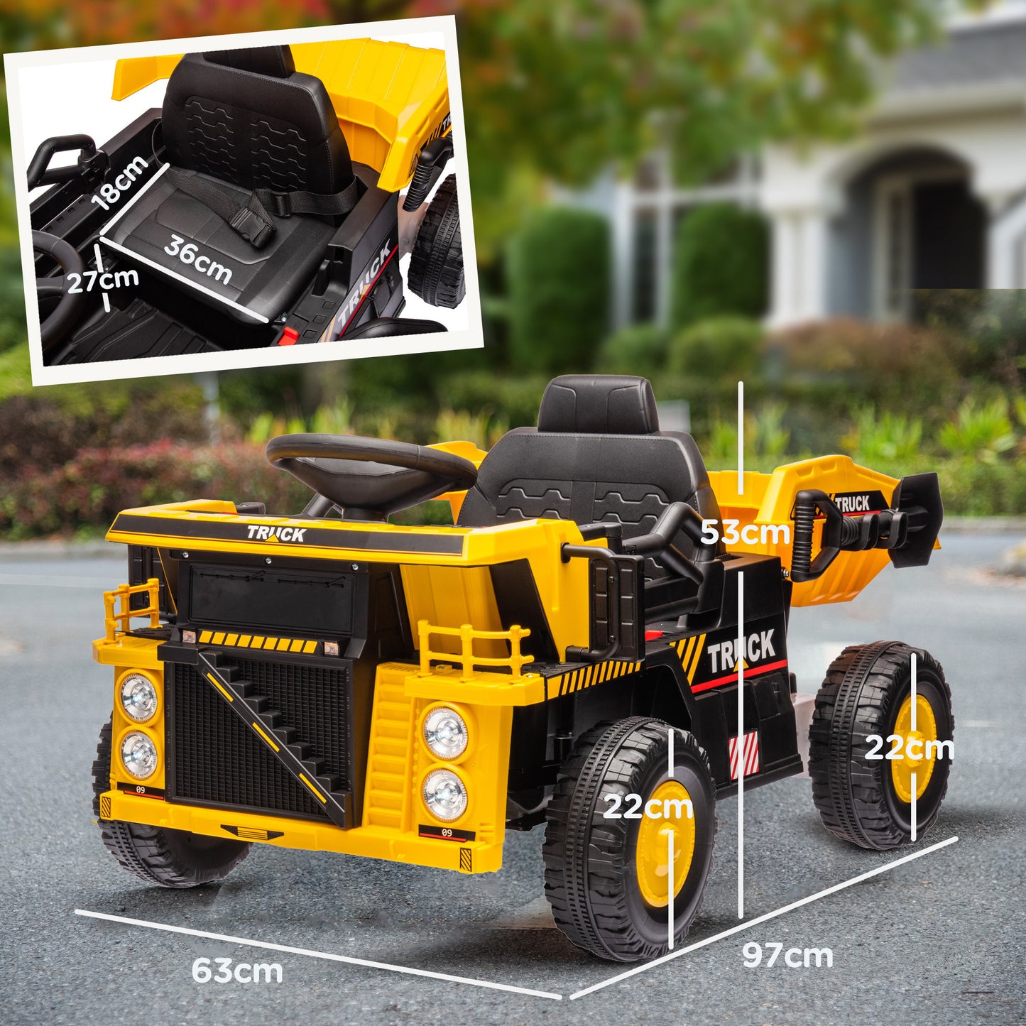 Qaba Kids Ride on Dump Truck, 12V Ride on Car with Electric Dump Bed and Extra Shovel, Spring Suspension Wheels, Music Player, LED Headlights for Boys & Girls Ages 3-5 Years