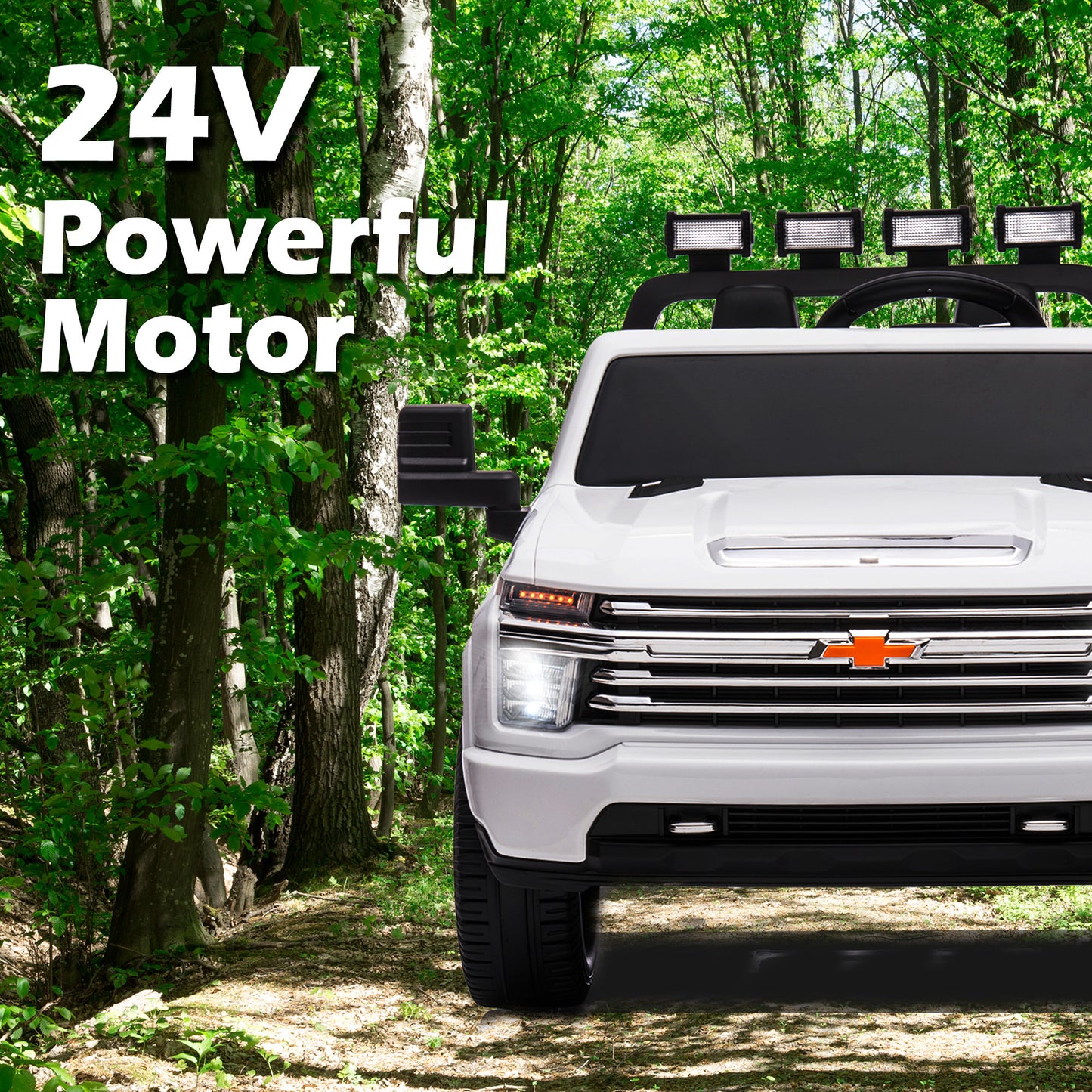 White, 24V 2 Seater Ride On Truck Car, Licensed Chevrolet Silverado HD Electric Car for Kids, 4WDmotors, with2.4G Remote Control, Metal Suspension, Soft Start, FM/Bluetooth/Music, LED Light,Toys Gifts