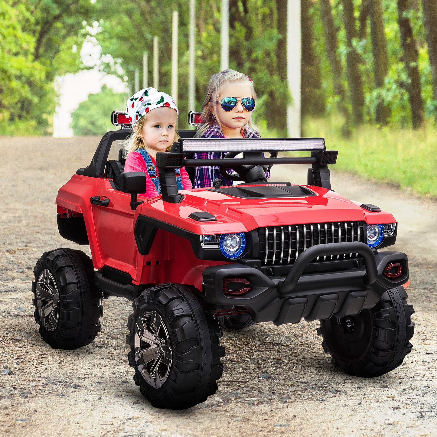 12V Police Car Ride-on Truck with Remote Control & Siren, 2-Seater Battery-Operated Electric Car for Kids with Music, Electric Ride-on Toy with Horn, Red