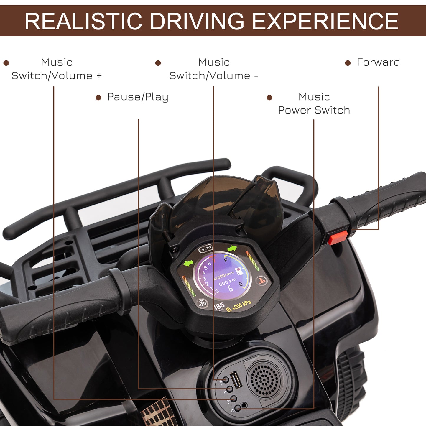 Kids ATV Four Wheeler Ride on Car, Motorized Quad, 6V Battery Powered Electric Quad with Songs for 18-36 Months, Black