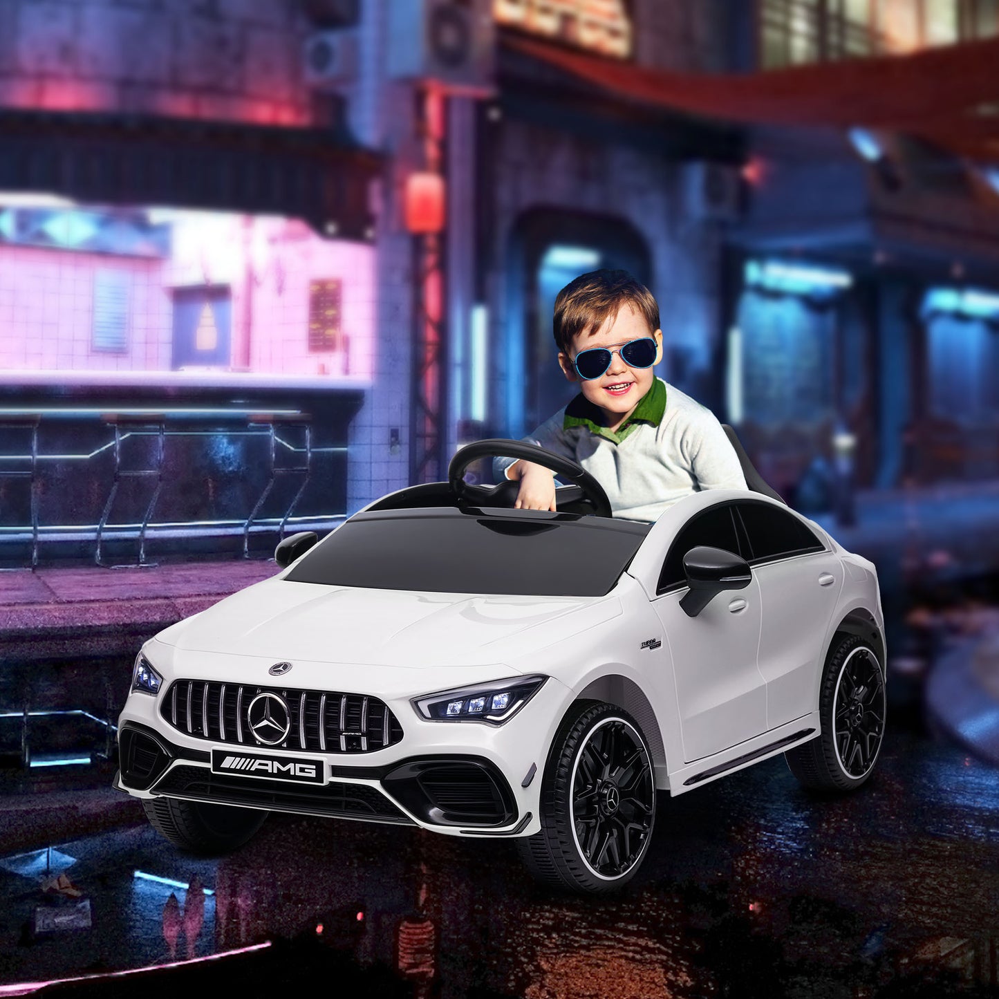 Qaba Mercedes-Benz AMG CLA 45 Licensed 12V Kids Electric Car, Battery Powered Ride on Car with Remote Control, Transport Wheels, Spring Suspension, LED Lights, Music Horn, White