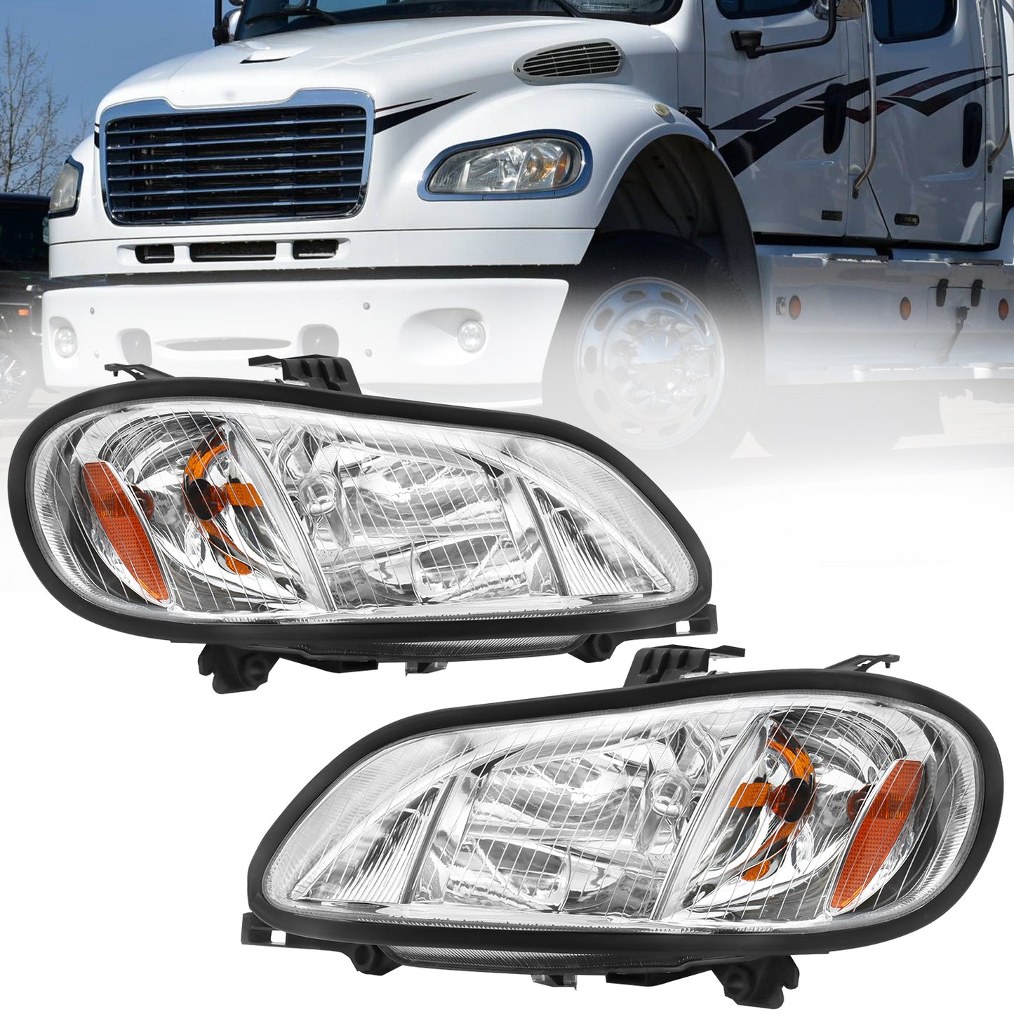 Headlight Assembly Compatible with 2004-2013 Freightliner M2, White Color, Left Driver &Right Passenger Pair Set