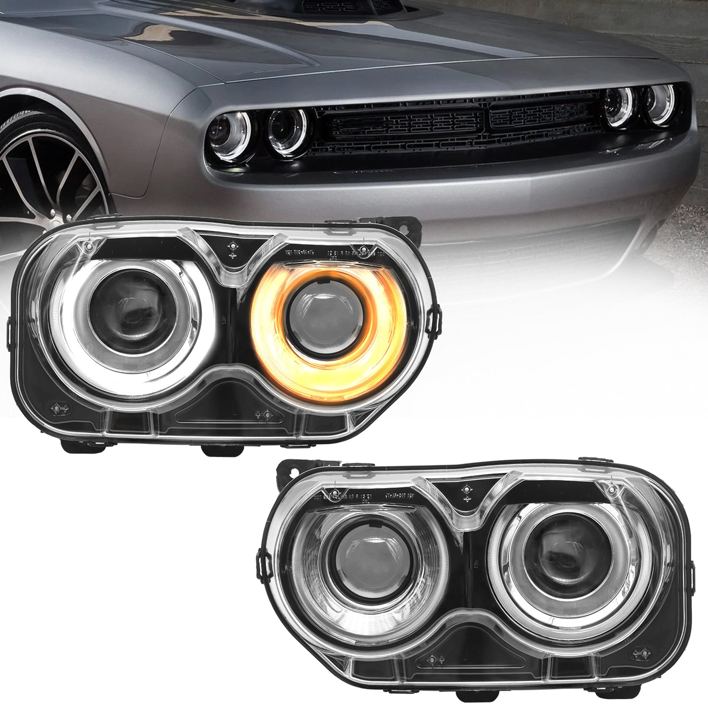 Halogen Headlights Assembly Fit for 2015 2016 2017 2018 2019 2020 Dodge Challenger, Black Housing Headlamps With Bulb, Pair Passenger&Driver sides