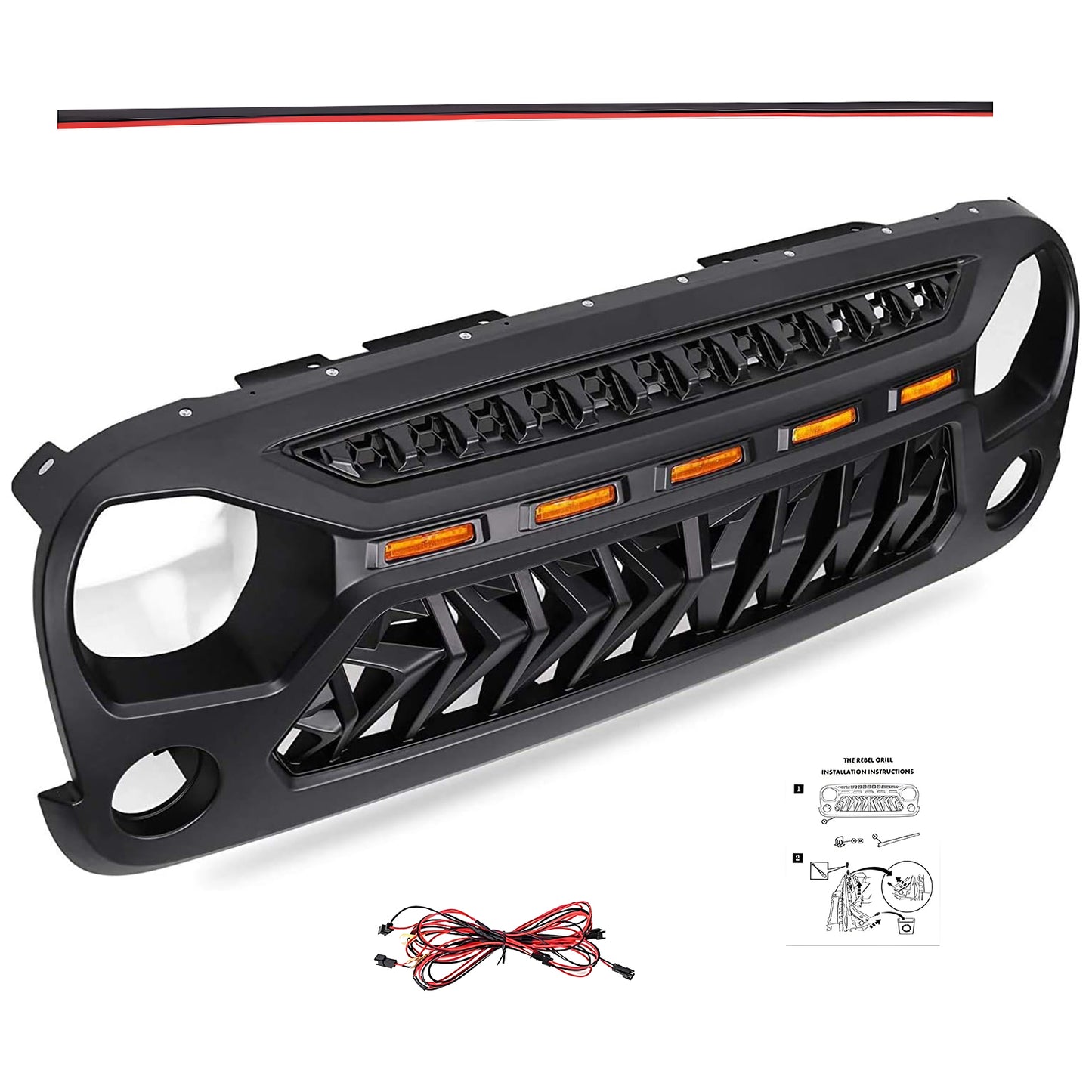 Front Matte Black Shark Grille Replacement Grill For Wrangler JK 2007-2018 with LED Lights