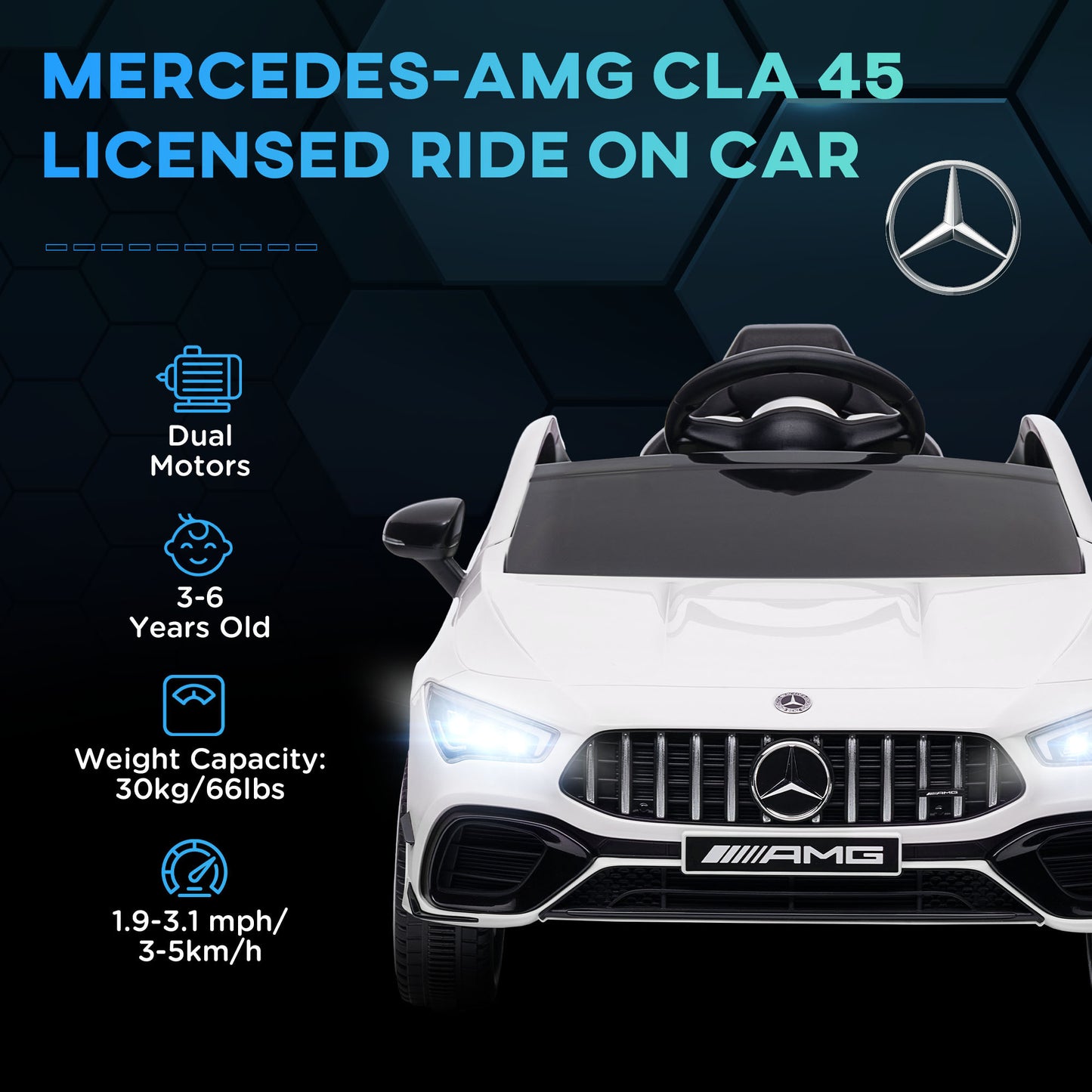 Qaba Mercedes-Benz AMG CLA 45 Licensed 12V Kids Electric Car, Battery Powered Ride on Car with Remote Control, Transport Wheels, Spring Suspension, LED Lights, Music Horn, White