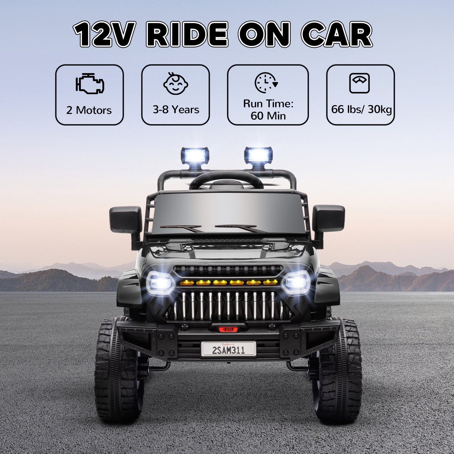 Qaba 12V Ride On Truck, Battery Powered Kids Electric Car UTV with 4 Suspension Wheels, Remote Control, 3 Speeds, LED Headlights, Horn, USB Music, Black