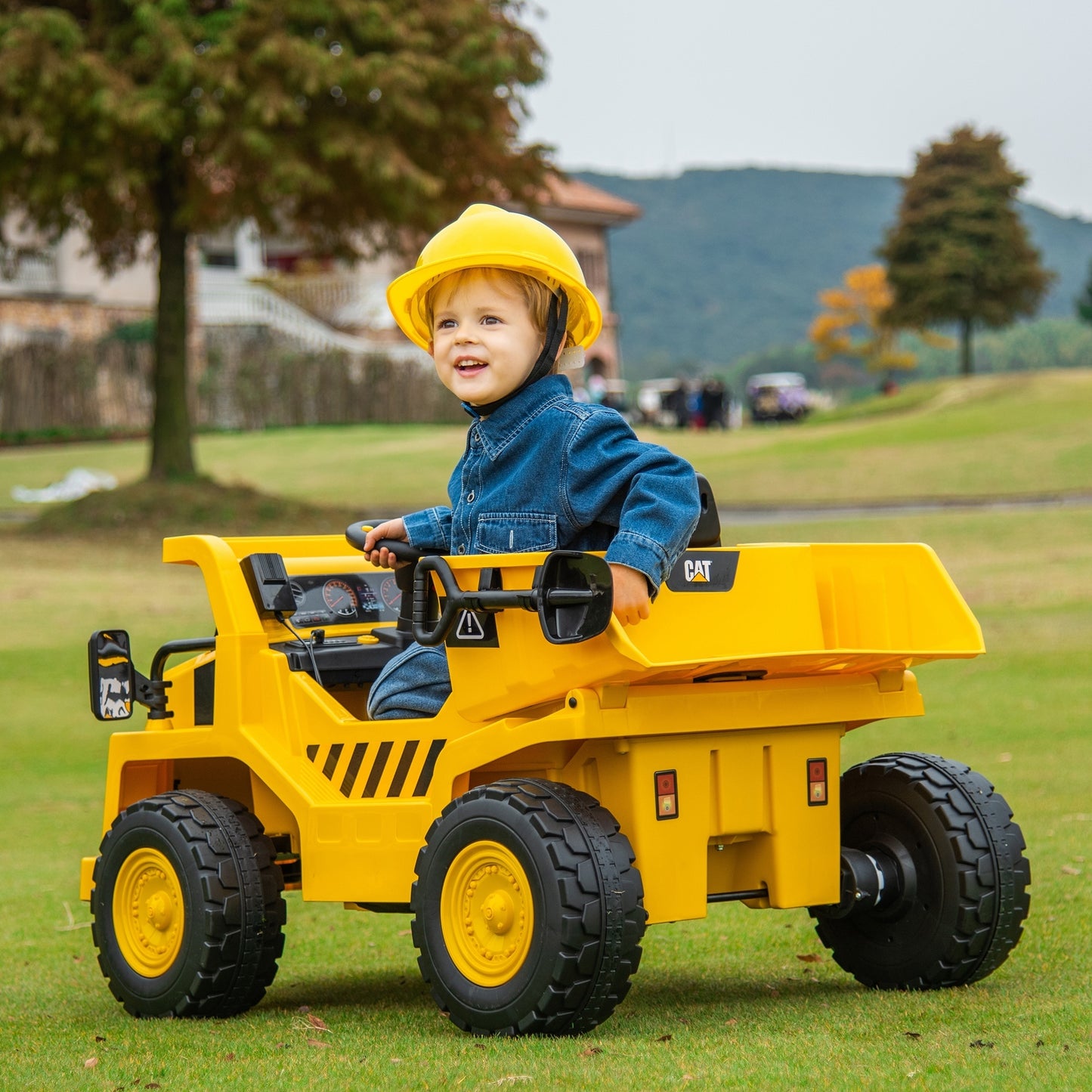 Qaba 12V Ride on Dump Truck with Parental Remote, Caterpillar Licensed Kids Excavator with Bucket, Shovel, Music, Loudspeaker, Headlights, Ride on Construction Vehicles for Ages 3-6, Yellow