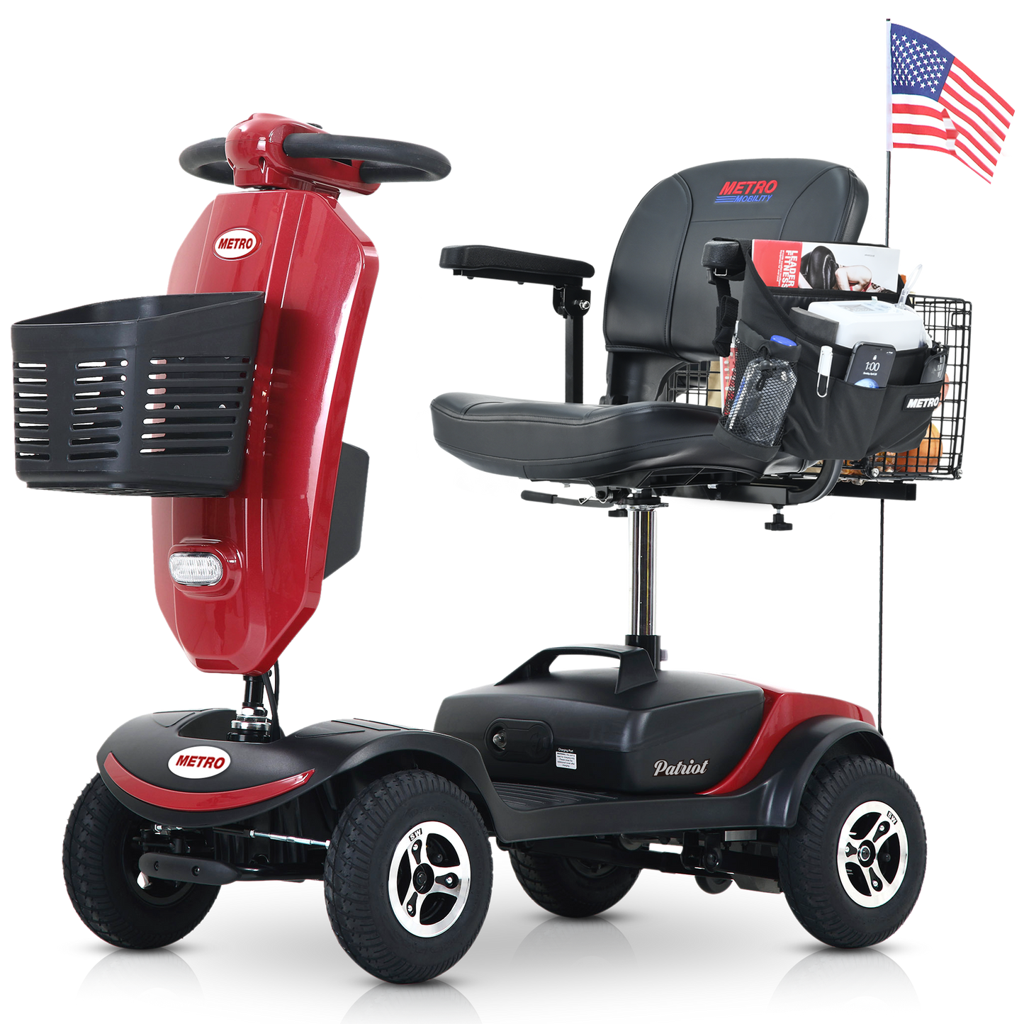 Outdoor compact mobility scooter with windshield ,300W Motor, Travel - Long Range Power Extended Battery with Cup holders , Storage Bag, Rear Basket & USB charger port,RED