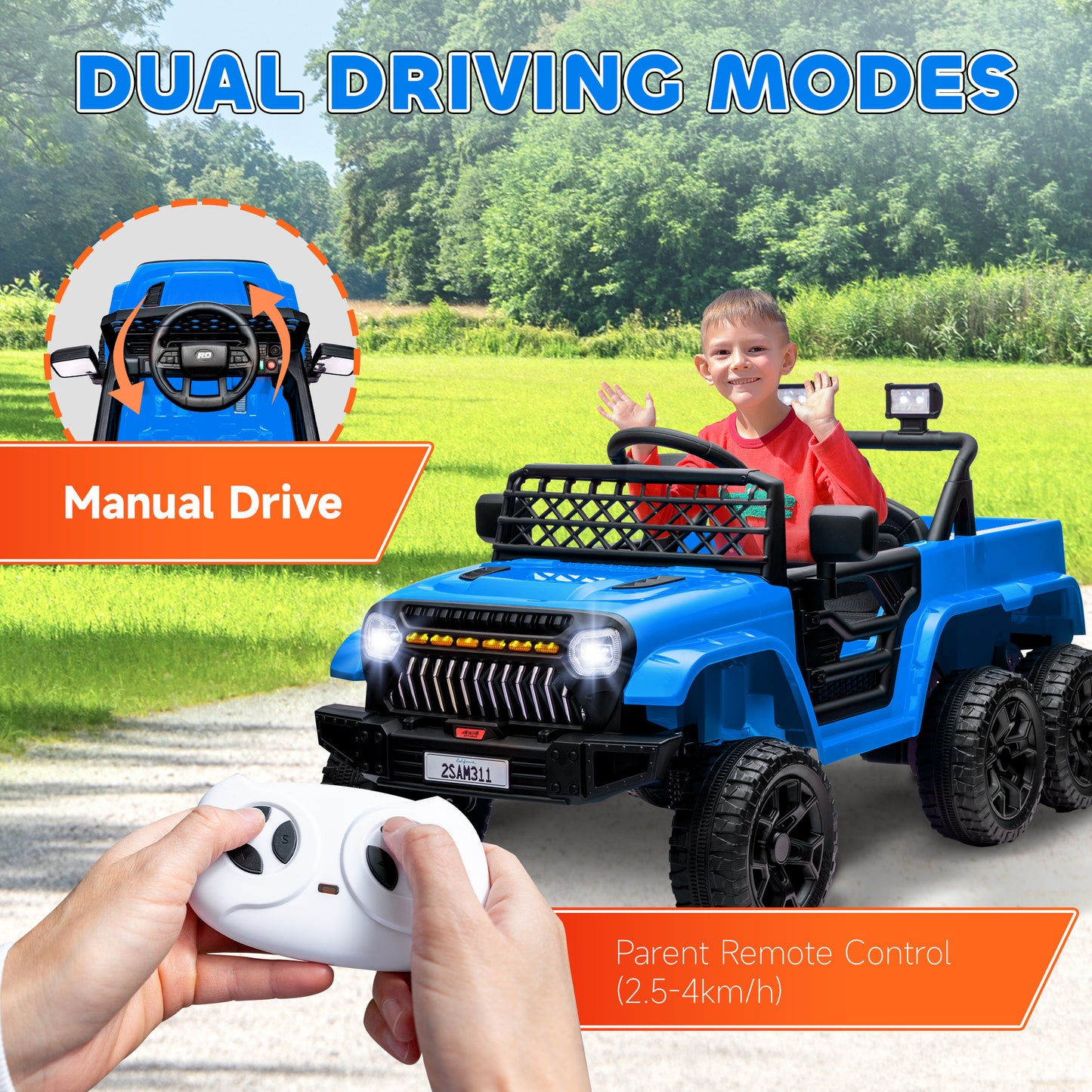 Qaba 12V 4x4 Kids Ride on Truck with Back Trailer, 2WD/4WD Switchable Kids Electric Car with Parent Remote Control, Spring Suspension System, Soft Start, Music, LED Light, Horn, Light Blue