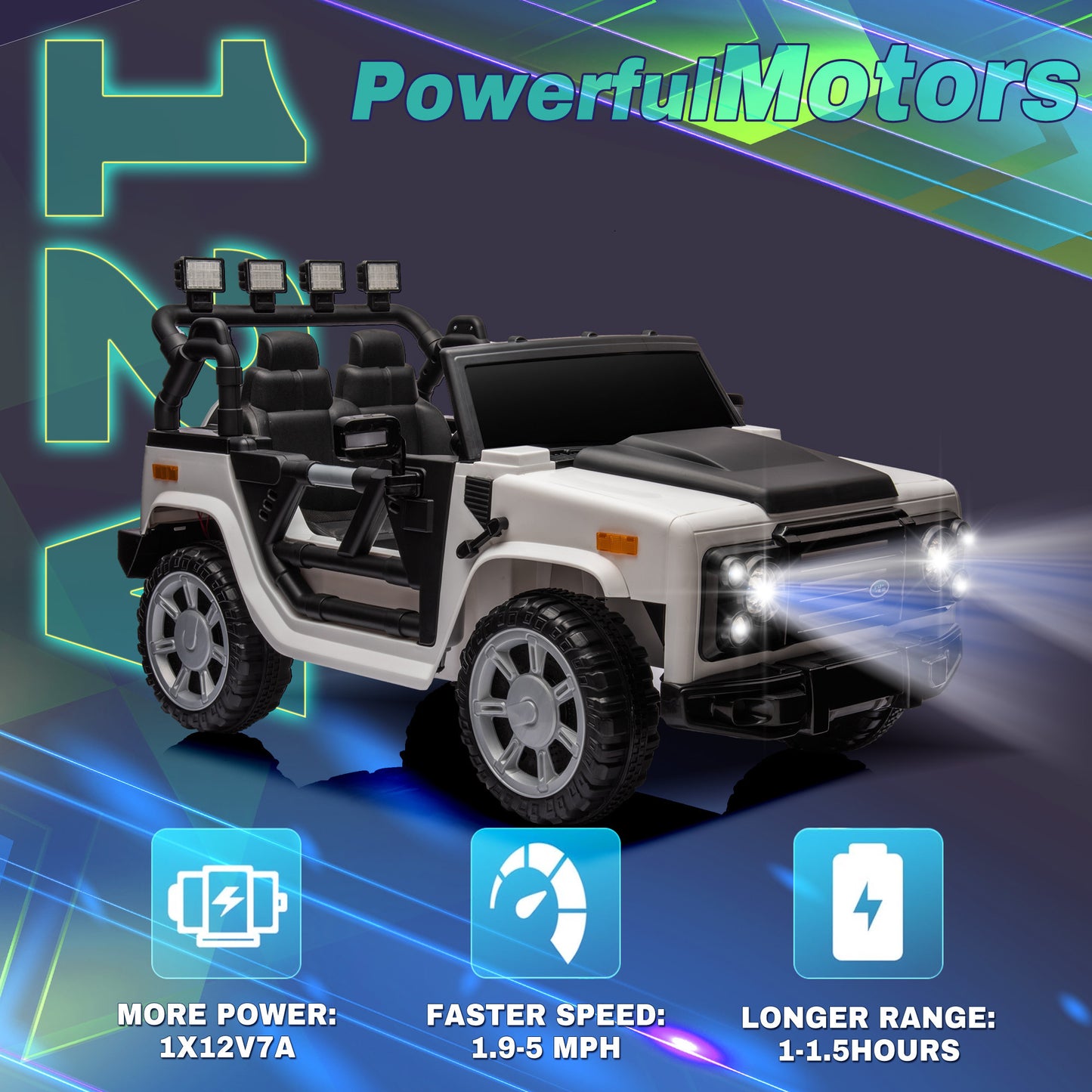 12v7a 30w*2 Four-wheel drive leather seat one button start,forward and backward, high and low speed, music, front light, power display, two doors can open, 2.4G R/C, seat belt four wheel absorber