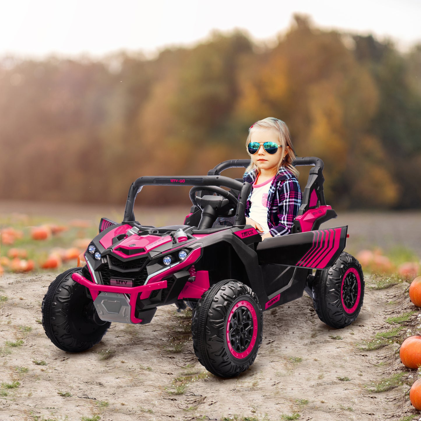 Qaba 24V 7AH Ride on UTV, 2 Seater 4MPH Kids Electric Car Ride on Battery Powered Toy with 4 Shock Absorbers, Music Horn and LED Lights, for Toddlers 3-8 Years, Pink