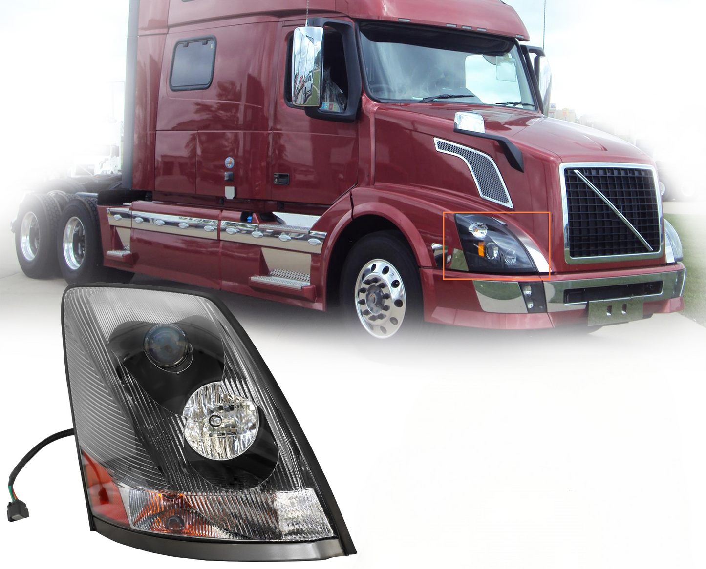 Black Headlight Assembly Fit for 2004-2017 Volvo VNL, Halogen Bulbs Included, Right/Passenger Side
