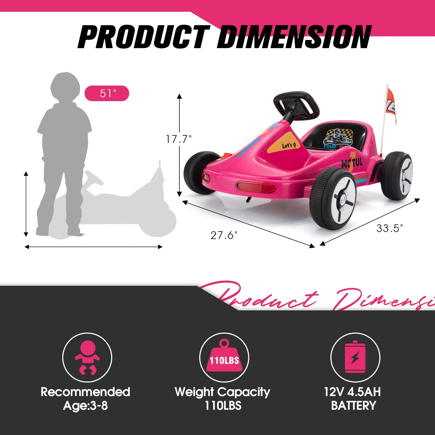 12V Kids Ride On Go Kart, Electric 4-Wheeler Car with Remote Control, Cushioned Seat, LED Lights, MP3 Music, Bluetooth, Pedal Control, Battery Powered Vehicle for 3-8 Years Old, Rose Red