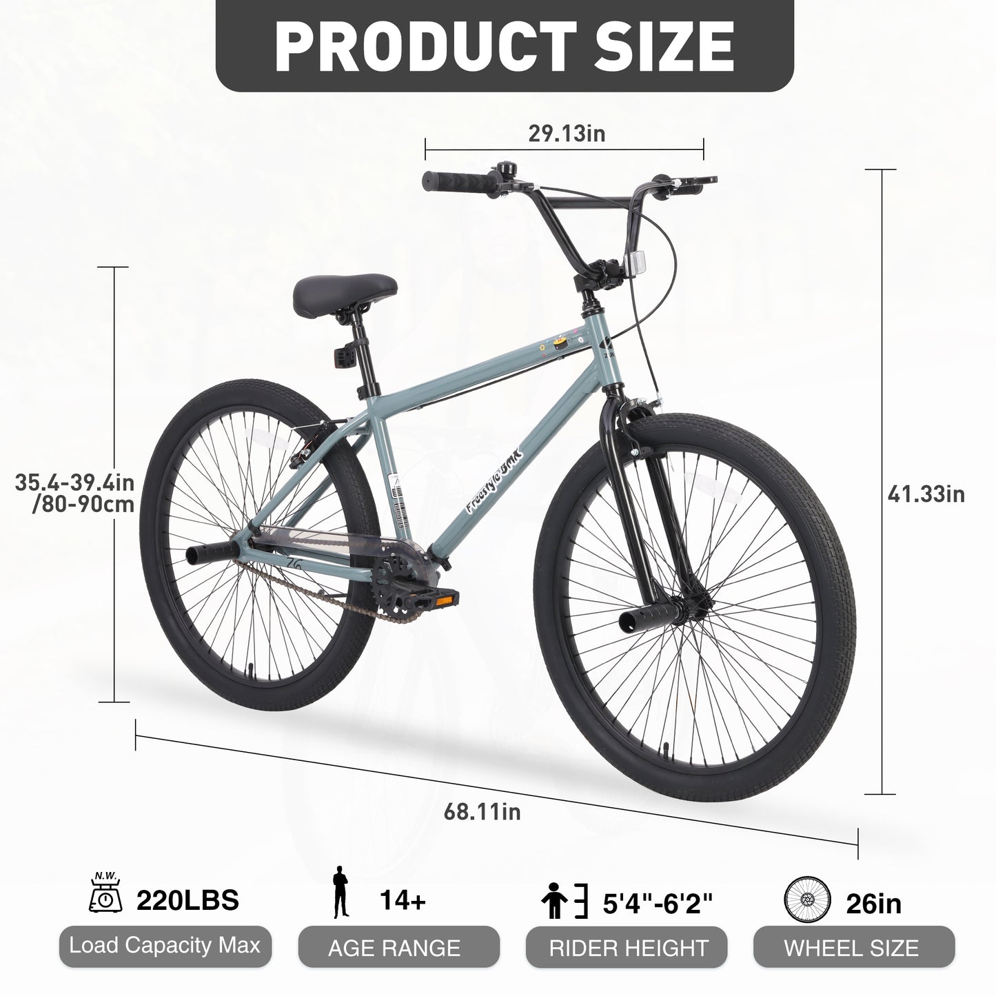 Freestyle Kids Bike Double Disc Brakes 26 Inch Single Speed Children's Bicycle for Boys Girls Age 12+ Years