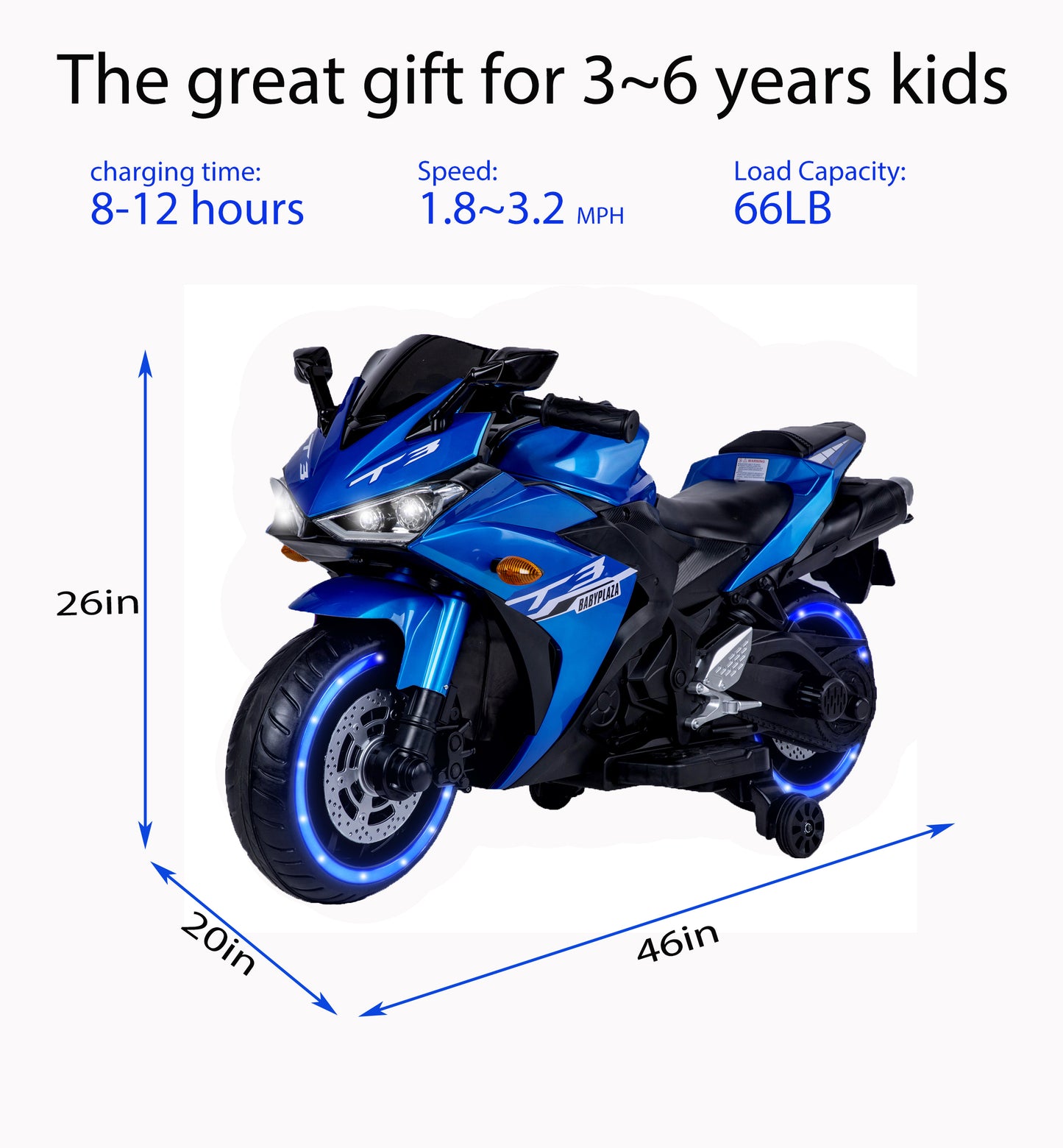 kids motorcycle, 12V motorcycle for kids 3 4 5 6 years Boys Girls 12v7ah kids motorcycle ride on toy with Training Wheels/manual throttle/ drive by hand /Lighting wheels