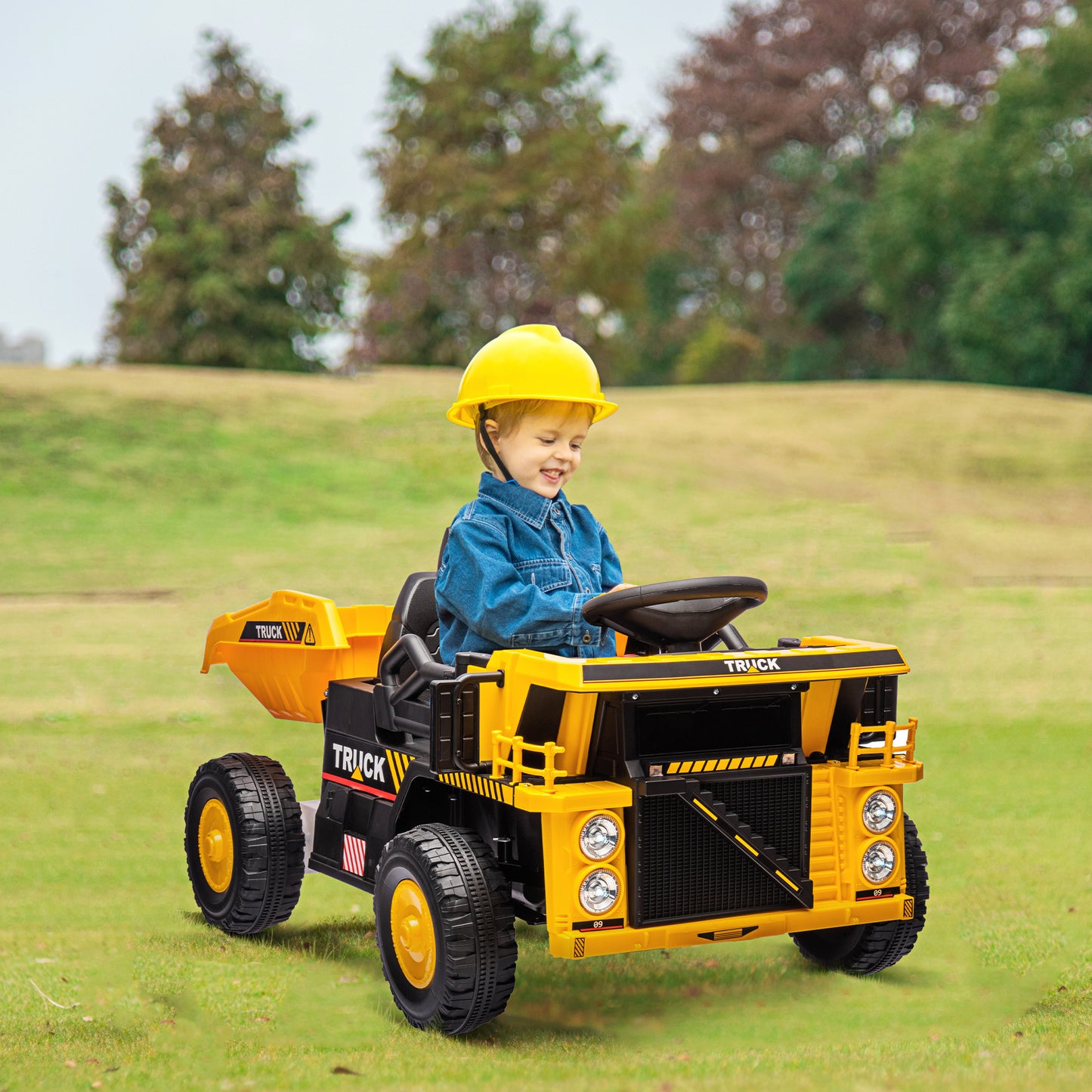 Qaba Kids Ride on Dump Truck, 12V Ride on Car with Electric Dump Bed and Extra Shovel, Spring Suspension Wheels, Music Player, LED Headlights for Boys & Girls Ages 3-5 Years