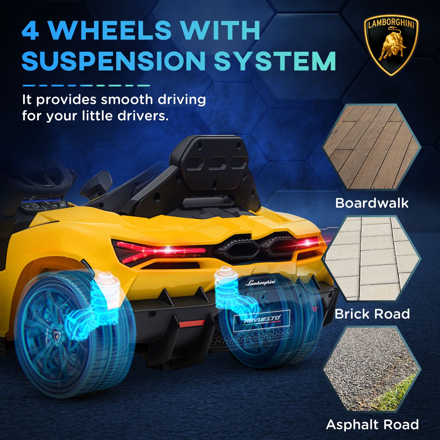 Qaba Lamborghini Revuelto Licensed 12V Kids Electric Car, Battery Powered Ride on Car with Hydraulic Doors, Remote Control, Transport Wheels, Spring Suspension, Music, Lights, 3 Speeds, Yellow