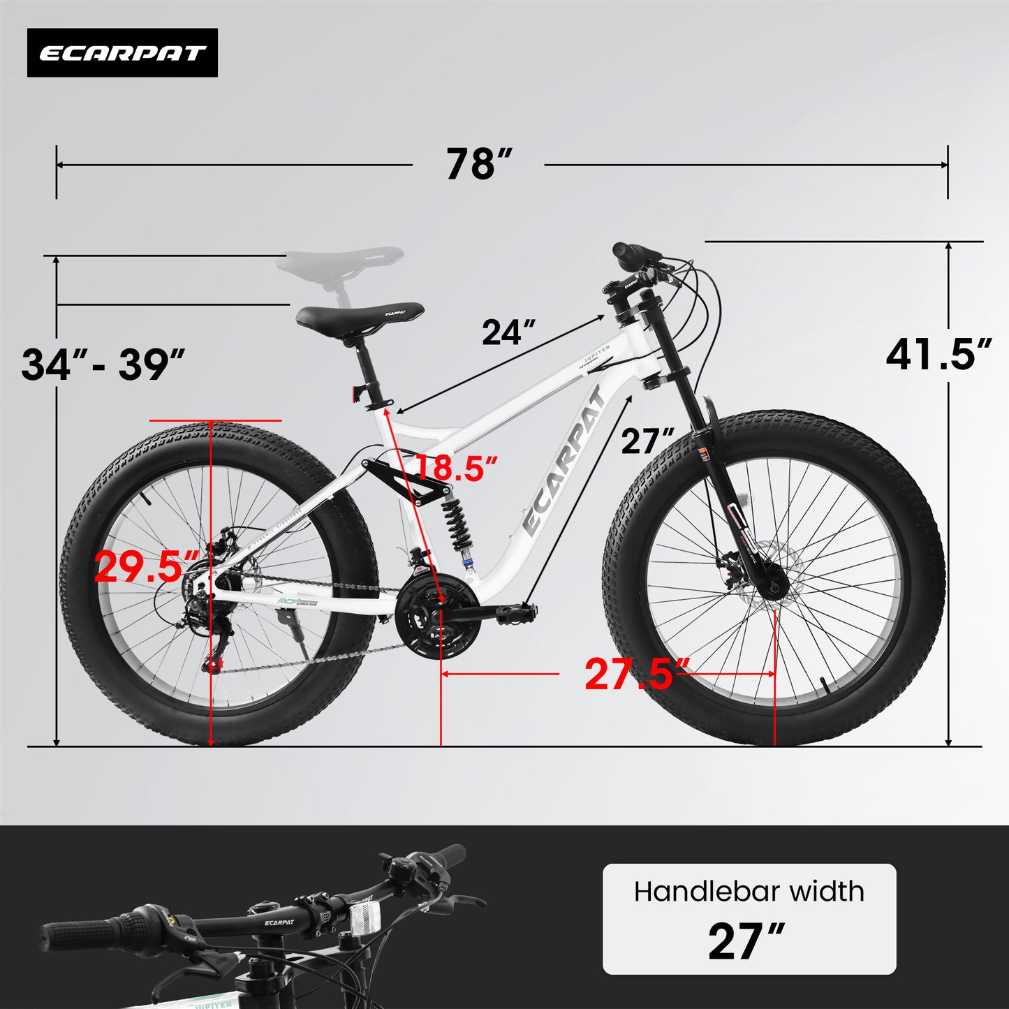 A26309 26 inch Mountain Bike,Full-Suspension 21 Speeds Drivetrain with Disc-Brake MTB Bicycle, 26*4" Fat tire Bike for Men or Women.