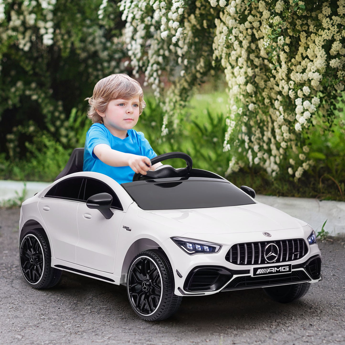 Qaba Mercedes-Benz AMG CLA 45 Licensed 12V Kids Electric Car, Battery Powered Ride on Car with Remote Control, Transport Wheels, Spring Suspension, LED Lights, Music Horn, White