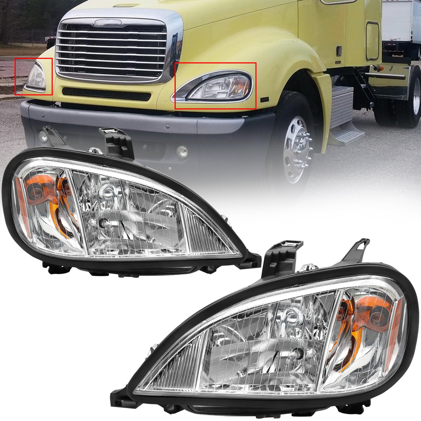 Headlights Assembly Fit For 2004-2017 Freightliner Columbia, Chrome Housing And Amber Reflector Headlamps, Left Driver and Right Passenger Pair Set, Including Halogen bulbs