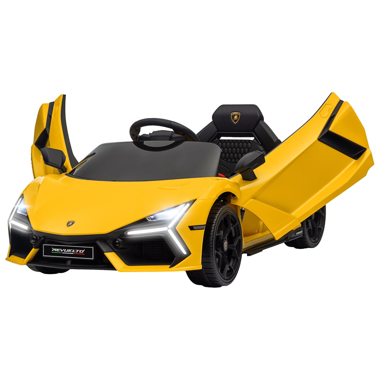 Qaba Lamborghini Revuelto Licensed 12V Kids Electric Car, Battery Powered Ride on Car with Hydraulic Doors, Remote Control, Transport Wheels, Spring Suspension, Music, Lights, 3 Speeds, Yellow