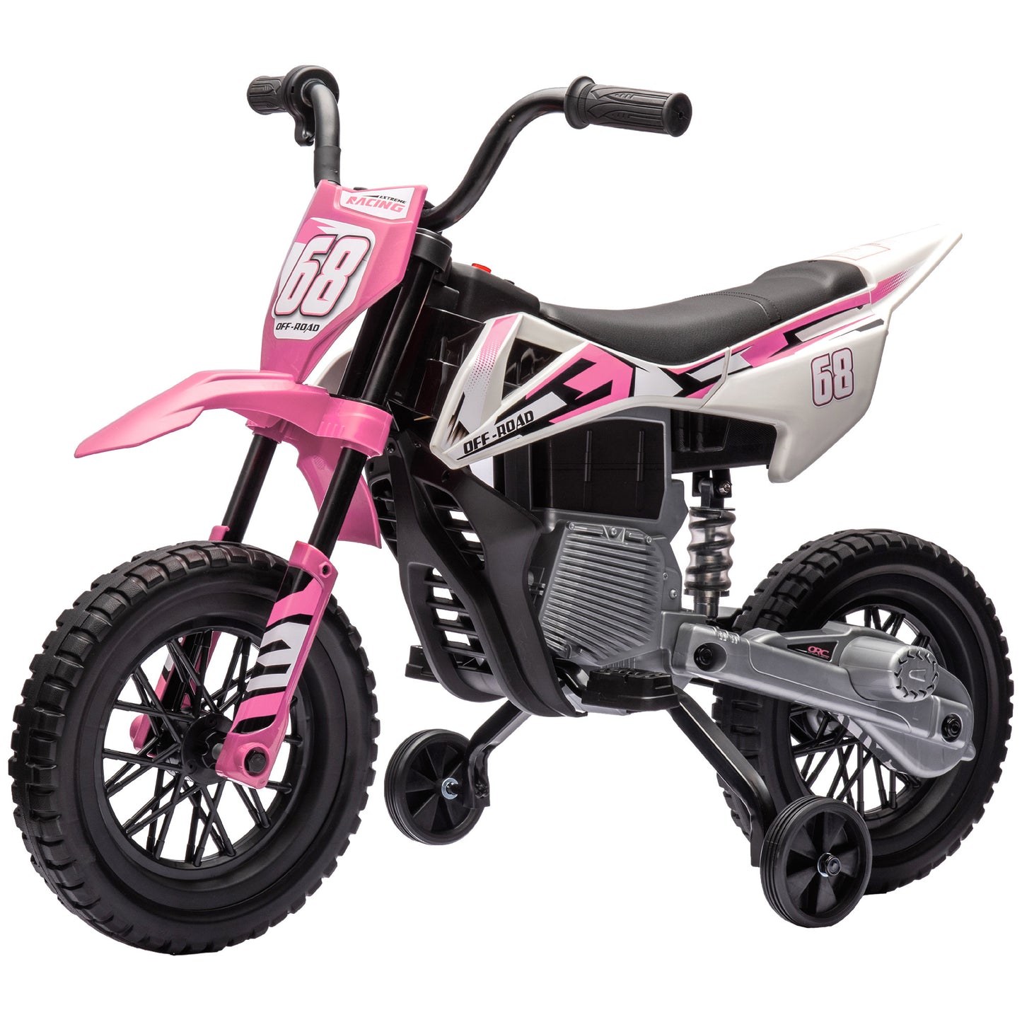 Qaba Kids Dirt Bike with Twist Grip Throttle, 12V Electric Motorcycle, Electric Bike for Toddler with Training Wheels, Rear Suspension & Music for Ages 3-6 Years, Pink