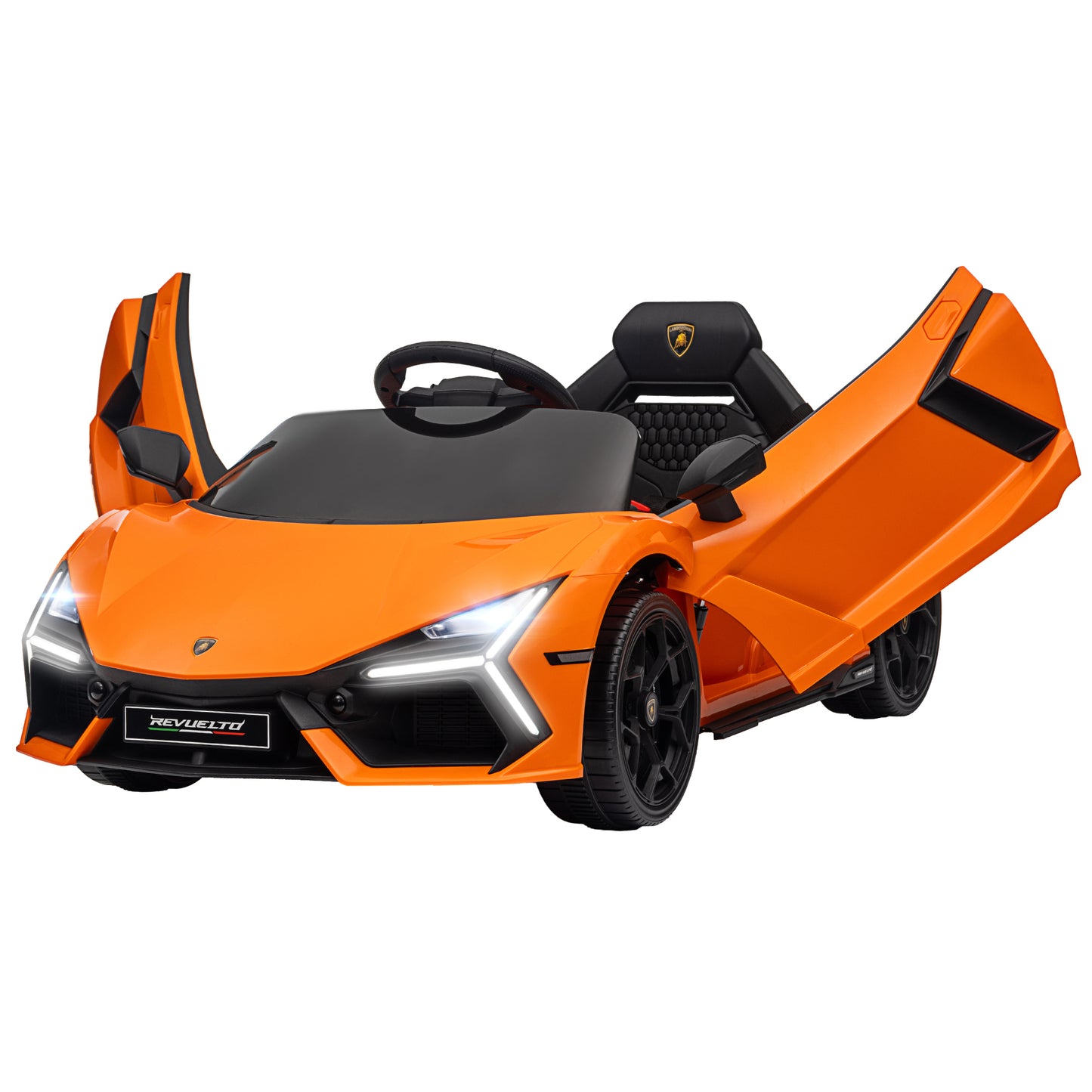 Qaba Lamborghini Revuelto Licensed 12V Kids Electric Car, Battery Powered Ride on Car with Hydraulic Doors, Remote Control, Transport Wheels, Spring Suspension, Music, Lights, 3 Speeds, Orange