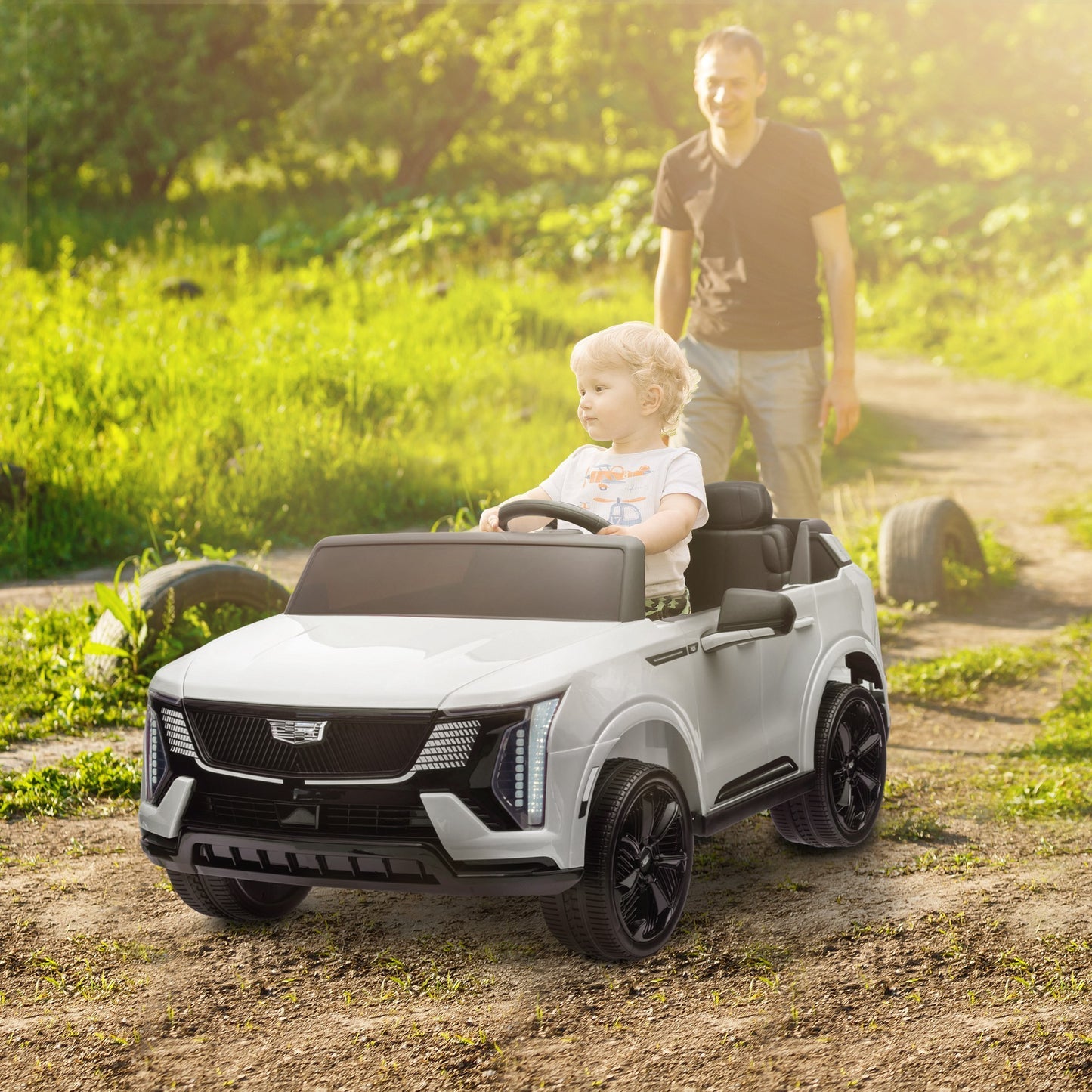 Qaba 2-Seater Ride on Truck, 12V 10AH Cadillac Escalade IQ 2025 Licensed Kids Electric Car with Remote Control, 4 Spring Suspension Wheels, LED Lights, Music Horn, White
