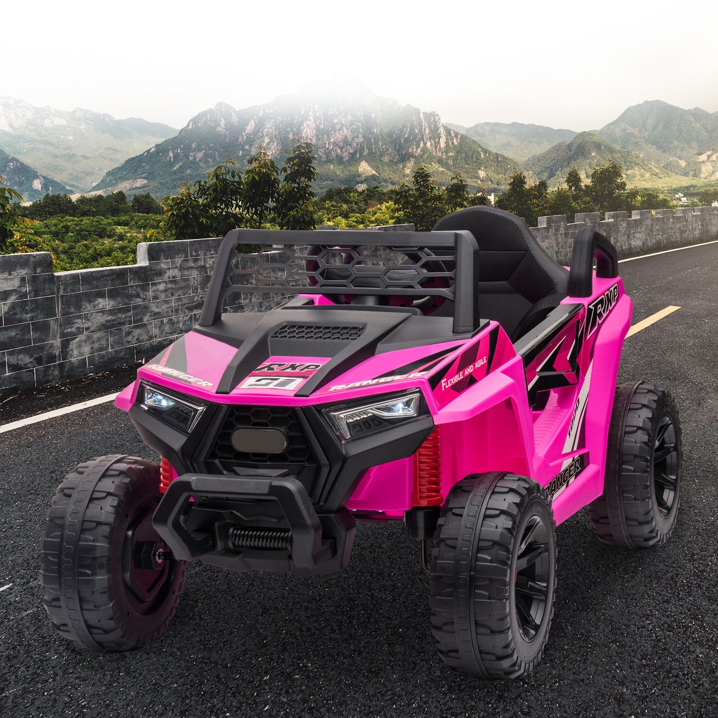 12V kids Ride On Mini UTV, Electric Car with Front LED Lights and Horn, Single Seat with a Safety Belt, Forward/Reverse Function