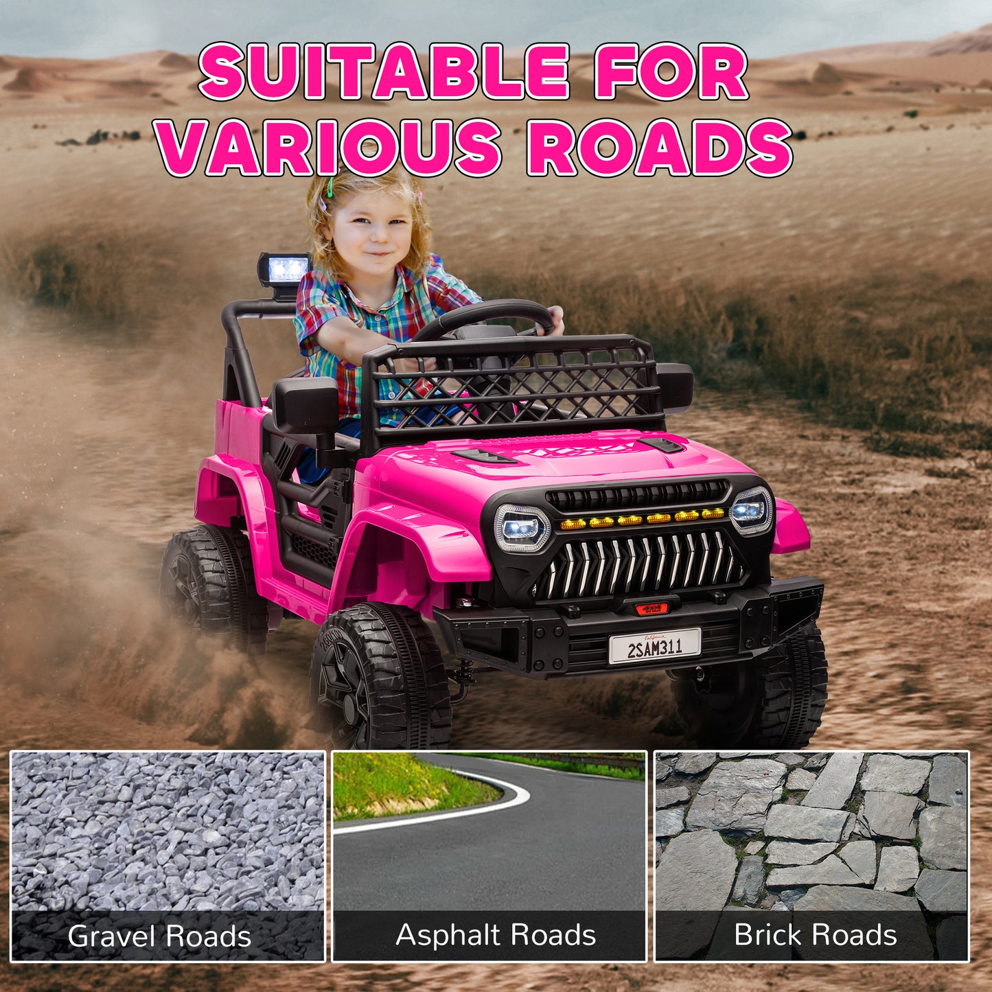 Qaba 12V Ride On Truck, Battery Powered Kids Electric Car UTV with 4 Suspension Wheels, Remote Control, 3 Speeds, LED Headlights, Horn, USB Music, Pink