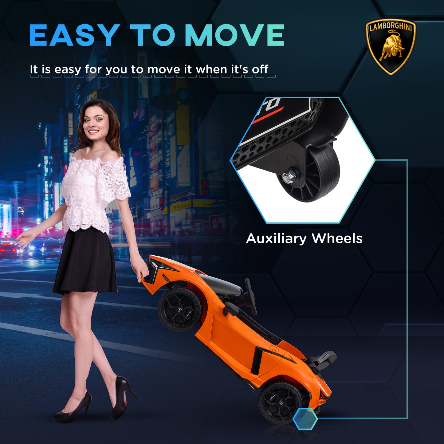 Qaba Lamborghini Revuelto Licensed 12V Kids Electric Car, Battery Powered Ride on Car with Hydraulic Doors, Remote Control, Transport Wheels, Spring Suspension, Music, Lights, 3 Speeds, Orange