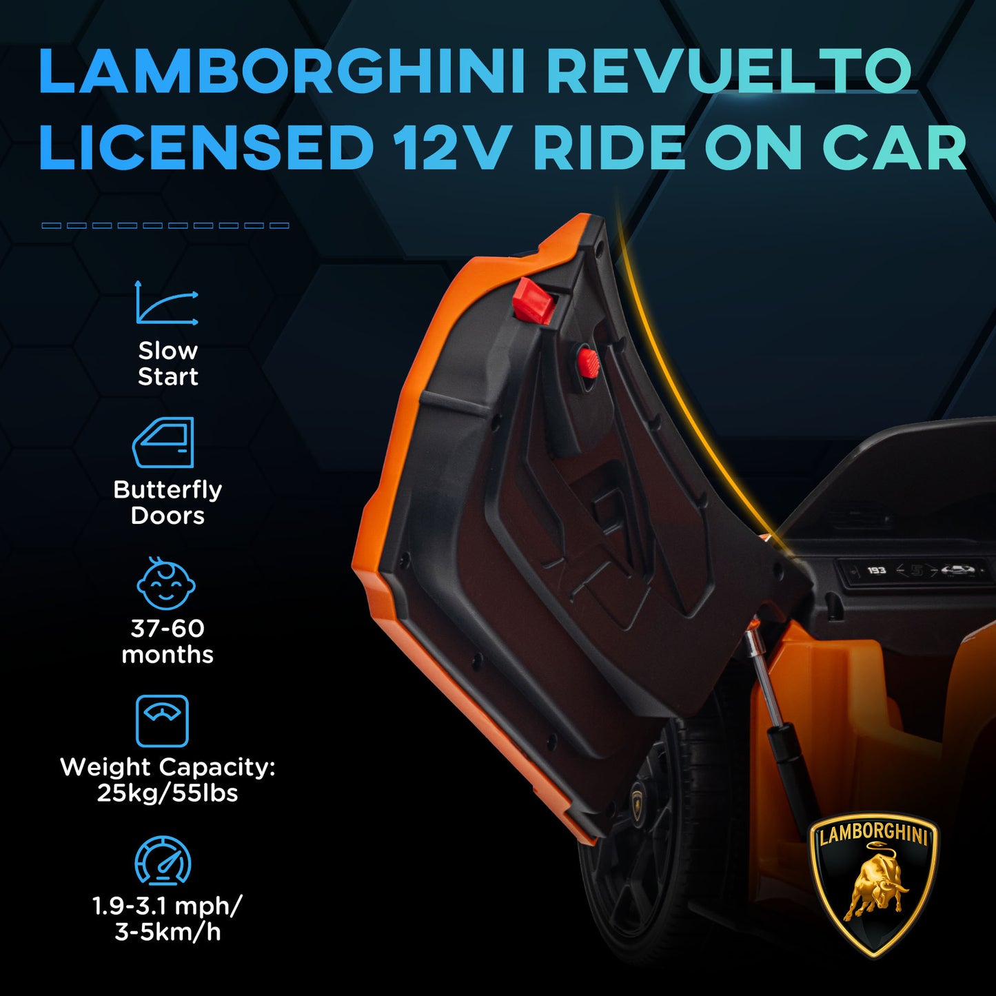 Qaba Lamborghini Revuelto Licensed 12V Kids Electric Car, Battery Powered Ride on Car with Hydraulic Doors, Remote Control, Transport Wheels, Spring Suspension, Music, Lights, 3 Speeds, Orange