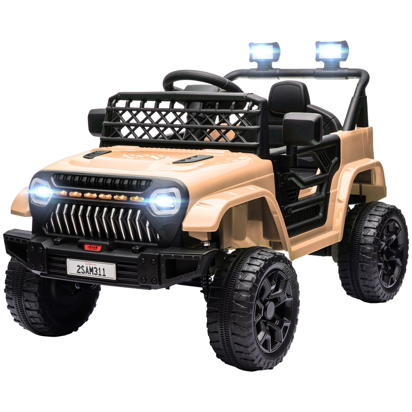 Qaba 12V Ride On Truck, Battery Powered Kids Electric Car UTV with 4 Suspension Wheels, Remote Control, 3 Speeds, LED Headlights, Horn, USB Music, Khaki