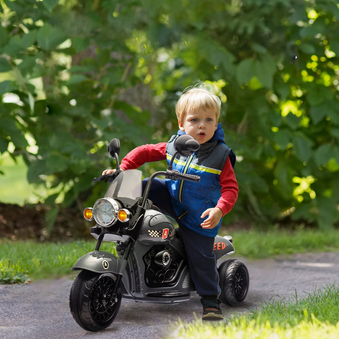 Qaba Electric Motorcycle for Kids, 3 Wheel 6V Battery Powered Chopper Motorbike, Ride on Motorcycle with Headlights, Music, Forward & Reverse for Boys and Girls Ages 3-6 Years, Gray