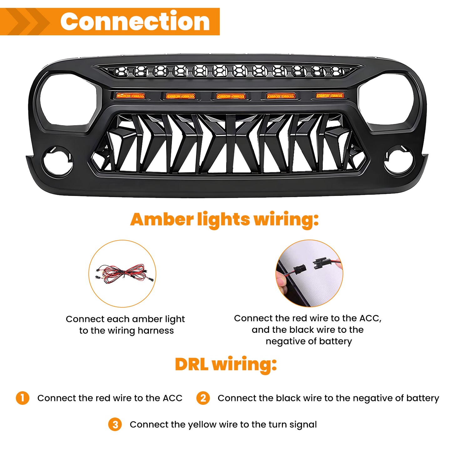 Front Matte Black Shark Grille Replacement Grill For Wrangler JK 2007-2018 with LED Lights