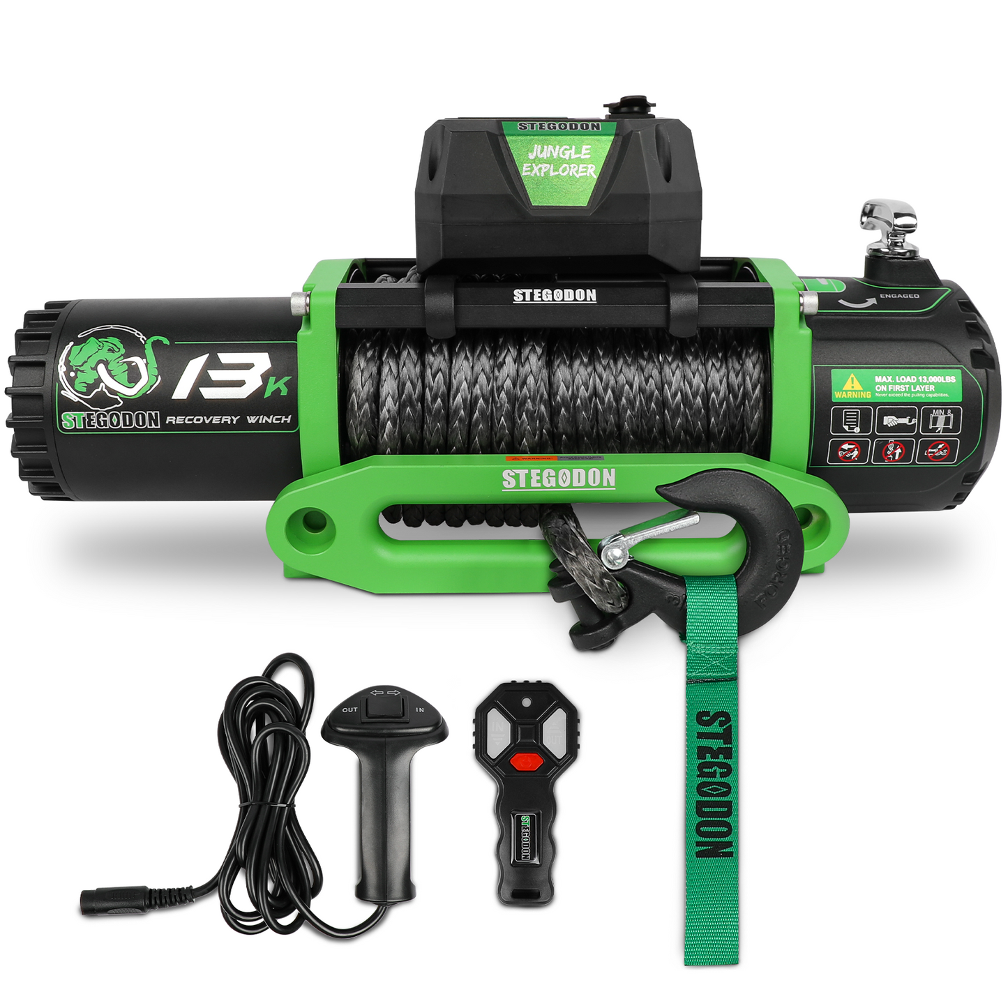 Winch 13000lb Electric Winch 12V Winch with Synthetic Rope Car Trailer Winch with Green Hawse Fairlead Wireless Remote and Wired Handle for Truck SUV Jeep