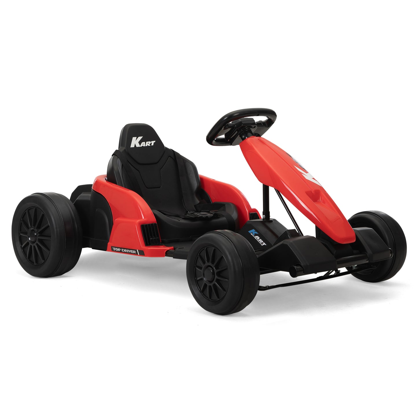 24V Electric Kids Go Kart, Battery Powered Outdoor Ride On Toy w/ 5 mph Max Speed, Music, Horn, Power Display, Protectors, Red and Black
