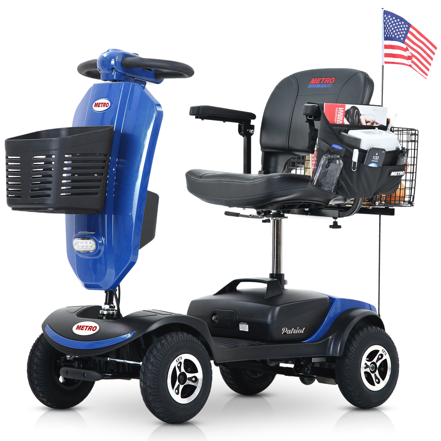 Outdoor compact mobility scooter with windshield ,300W Motor, Travel - Long Range Power Extended Battery with Cup holders , Storage Bag, Rear Basket & USB charger port, BLUE